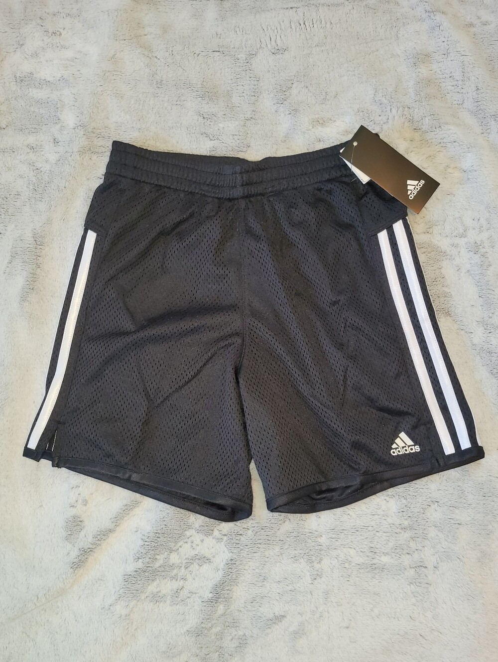 Adidas Girls Size Large (14) Striped Mesh Black Athletic Shorts Drawstring Waist